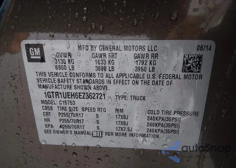 2014 GMC Sierra 1500 Sle из США, поврежденный, VIN 1GTR1UEH6EZ362721